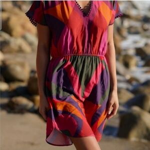 FARM RIO x Anthropologie Size Large Mini Cover-Up Dress in Red Purple Multi-Colo